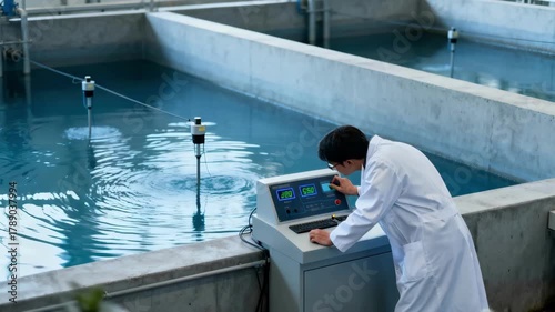 Medium shot focusing on a technician monitoring sensors in a tranquil equalization basin designed to stabilize variable wastewater flows.