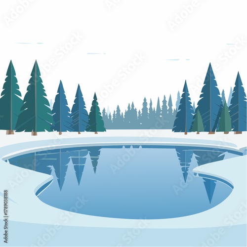 Flat design illustration of a serene winter landscape featuring a partially frozen lake surrounded by snow and evergreen trees.