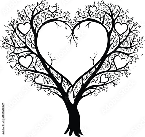 Love tree with branches forming heart shape and small hearts isolated on white background, Vector, illustration