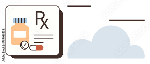 Medicine bottle, pill, capsule with Rx label design next to cloud graphic. Ideal for pharmacy, healthcare, prescription services, telemedicine, digital health, e-prescriptions awareness campaigns