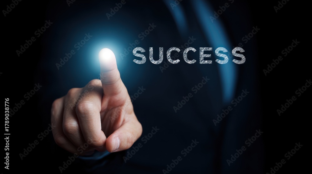 Naklejka premium Finger touching glowing success word on dark background