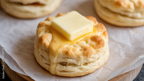 A freshly baked biscuit topped with a melting pat of butter, placed on parchment paper.
