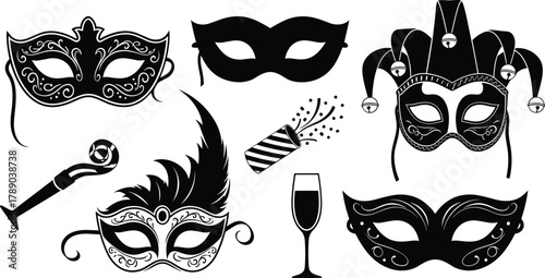 Mardi gras carnival party celebration masks and accessories set isolated on white background, Vector, illustration