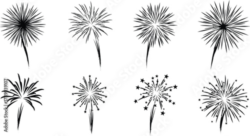 Monochrome fireworks burst graphic design elements collection isolated on white background, Vector, illustration