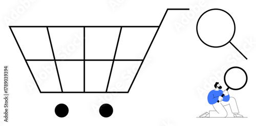 Giant shopping cart beside magnifying glasses with a person analyzing. Ideal for e-commerce, market research, shopping optimization, customer behavior, product discovery, trends, simple flat metaphor