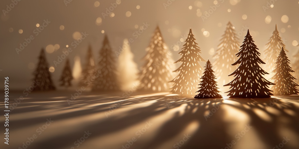 Naklejka premium Warm-toned paper-cut Christmas trees casting long shadows in a glowing, magical forest scene.