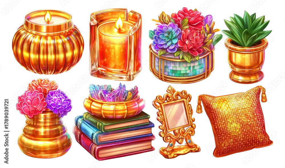 Fototapeta premium Colorful Home Decor Elements with Candles, Flowers, and Decorative Objects