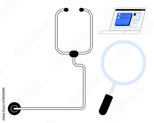 Stethoscope connected to magnifying glass and laptop highlights medical and digital analysis interplay. Ideal for telehealth, diagnostics, research, technology, communication, healthcare, simple flat