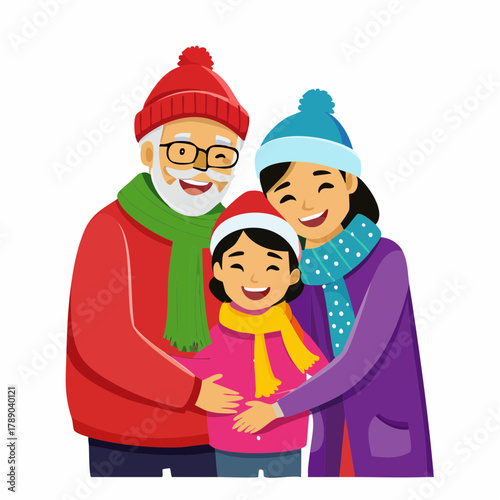 A happy multi-generational family in winter clothing, embracing warmly.
