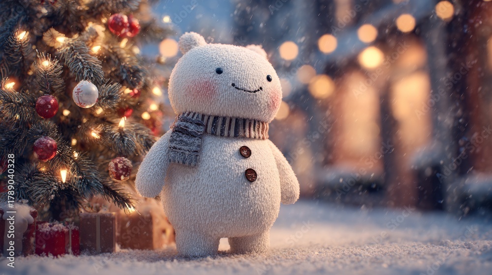 Obraz premium Adorable snowman decoration wearing a knitted hat and scarf, set against a warm, glowing Christmas tree background with soft snowfall. Cozy, festive, and perfect for holiday cards, social media posts,
