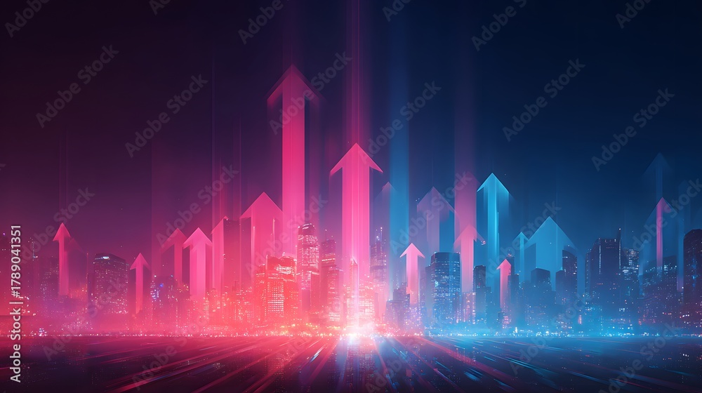 Naklejka premium Abstract cityscape features rising bright light arrows against a dark background representing growth and progress