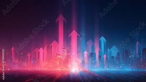 Abstract cityscape features rising bright light arrows against a dark background representing growth and progress