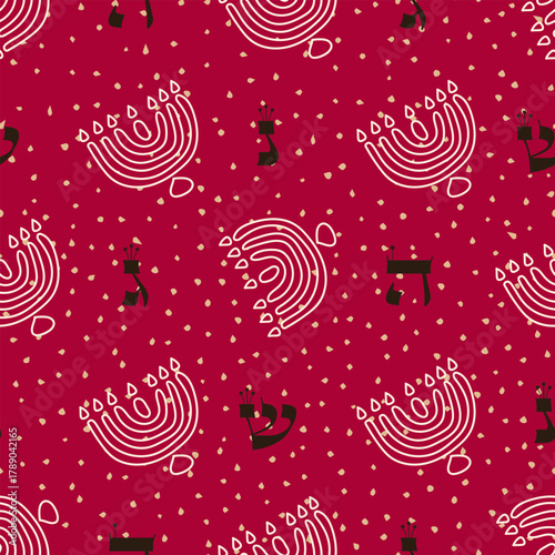 Festive Chanukah repeating pattern with Jewish candelabrum candlelight and traditional letters on a dreidel, acronym for "A great miracle happened there".