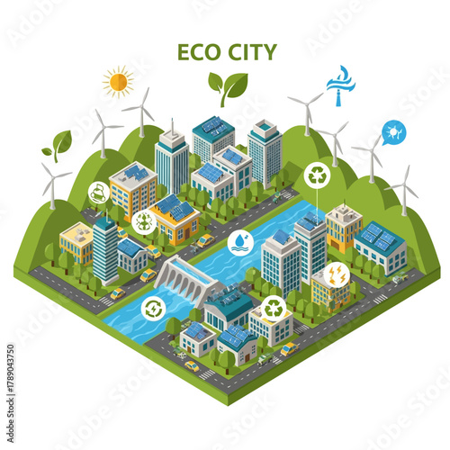 Eco-Friendly City with Sustainable Energy Solutions.