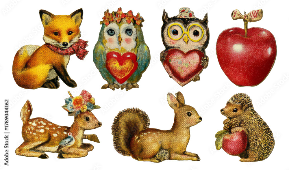 Fototapeta premium Vintage Collage of Isolated Animals and Objects with Aesthetic Transparent Background