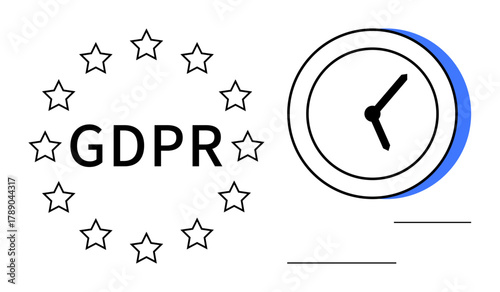 GDPR surrounded by stars beside a clock emphasizing timely compliance. Ideal for cybersecurity, data privacy, regulations, legal matters, efficiency, transparency, simple flat metaphor