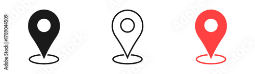 Set of location pin icons, GPS map marker icons in solid, outline, and red styles, symbolizing map position, location, destination, navigation, or maps, and GPS. Ideal for apps, web UI, travel