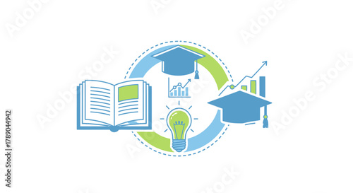 Education and growth concept with book, graduation caps, and lightbulb.