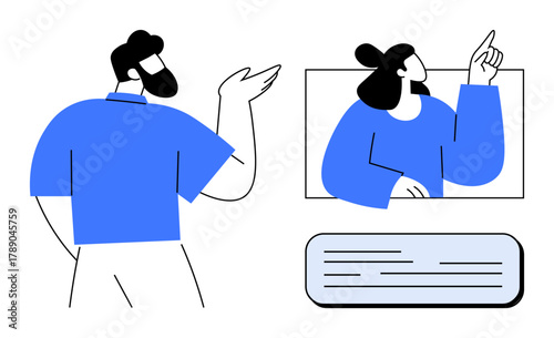 Two professionals engage on a video call. One gestures while talking, the other points to an idea. Ideal for communication, teamwork, remote work, virtual meeting, education, connection simple flat