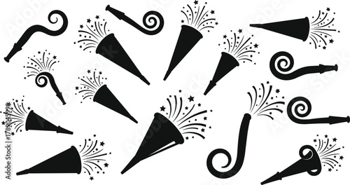 Party poppers and blowers with confetti and stars celebration isolated on white background, Vector, illustration