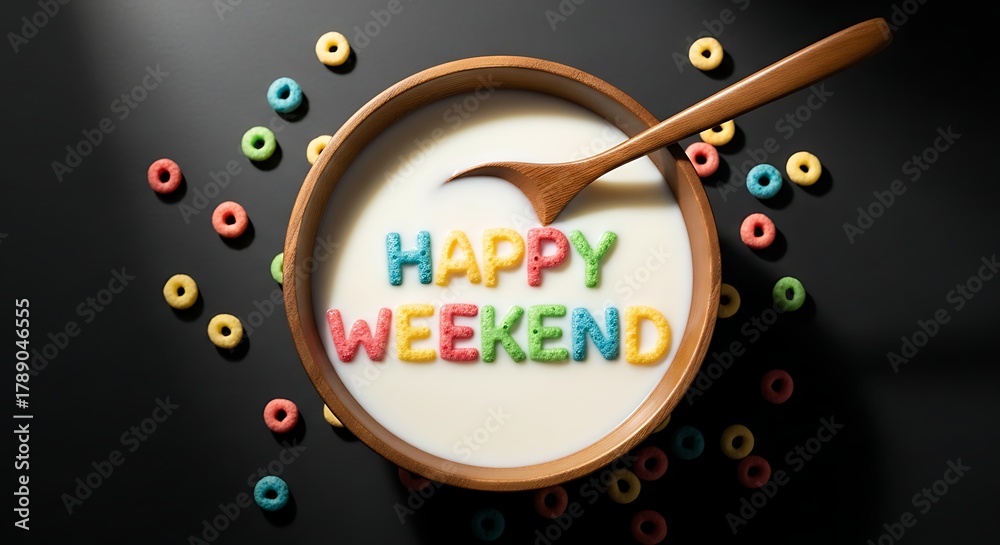 Obraz premium Happy Weekend cereal breakfast in bowl with milk and colorful loops
