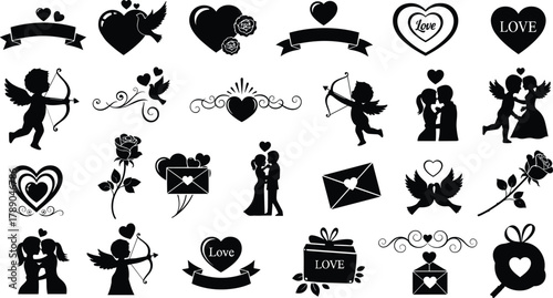Romantic love hearts cupid couples roses doves icons vector set isolated on white background, Vector, illustration