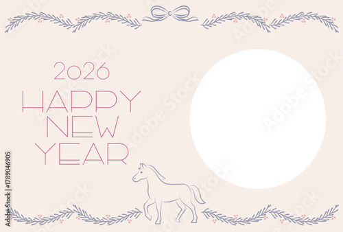 2026年年賀状テンプレート/手描きのブルーの植物とリボンのデザイン・横