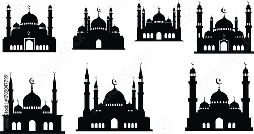 Set of diverse mosque silhouettes for islamic religious theme. isolated on white background, Vector, illustration.