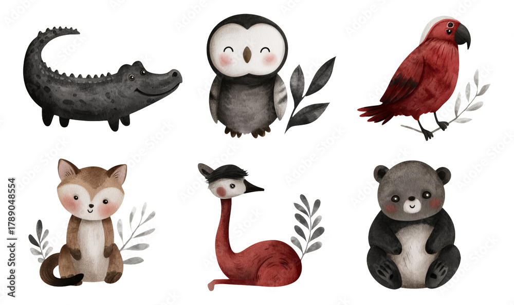 Fototapeta premium Cute Cartoon Animals Collection with Alligator, Owl, Parrot, Fox, Ostrich, and Panda