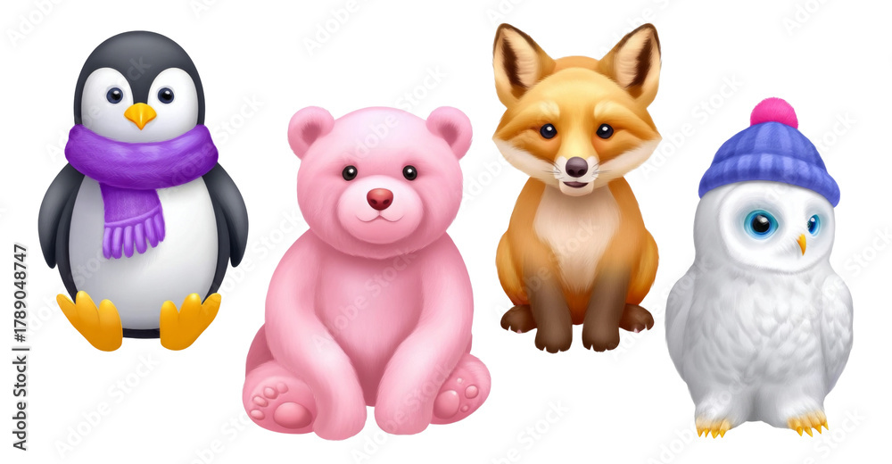 Fototapeta premium Cute Cartoon Animals Collection with Penguin, Bear, Fox and Owl on Transparent Background