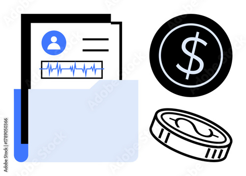 Document folder with medical records, coin, and dollar sign emphasizing healthcare costs, financial planning, and budgeting. Ideal for healthcare, finance, insurance, data economy expenses