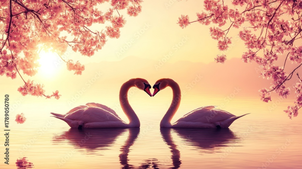 Fototapeta premium graceful swans display affection forming heart shape amidst gentle waters and blossoming tree branches under warm golden sunset hues