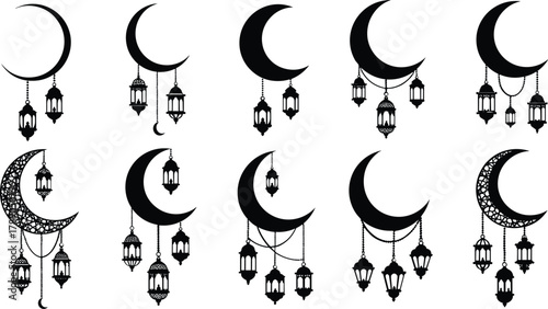 Stylized crescent moons and traditional lanterns silhouettes isolated on white background, Vector, illustration