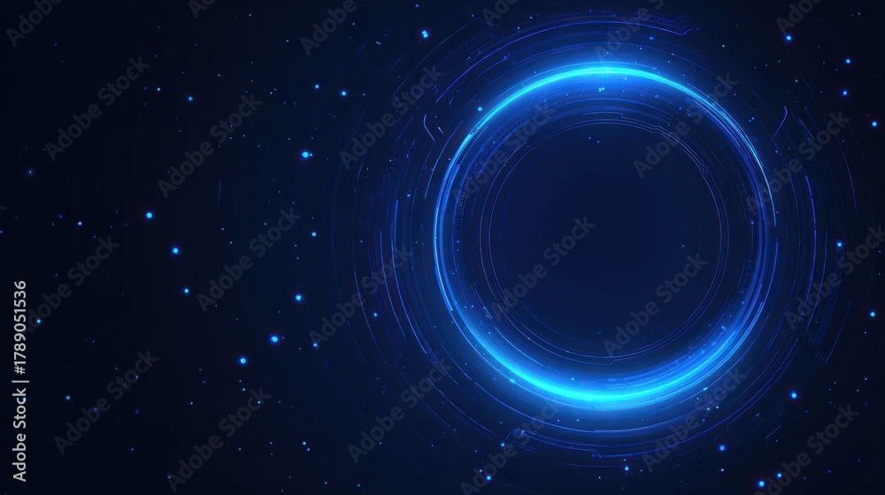 Obraz premium Abstract dark blue background with glowing cyan circular digital interface elements.