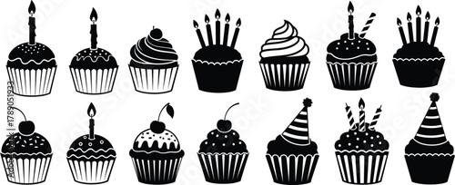Sweet treats birthday celebration cupcake vector icons collection isolated on white background, Vector, illustration