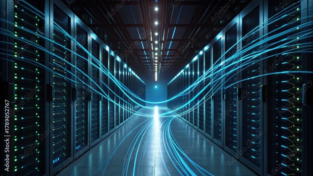 Fototapeta premium A futuristic data center featuring rows of servers with glowing lights and flowing blue data streams.