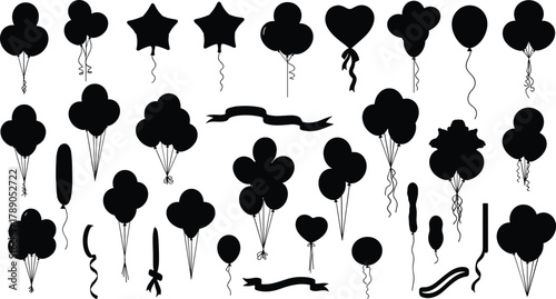 Variety of black balloon and ribbon silhouettes for celebration isolated on white background, Vector, illustration