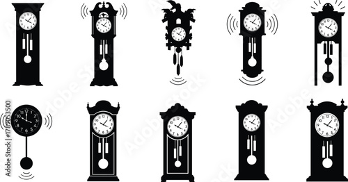 Vintage clock silhouettes, including grandfather and cuckoo types isolated on white background, Vector, illustration