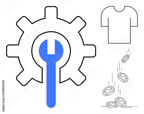Gear with wrench symbolizing system repair, outline of clothing representing fashion industry, and falling coins for financial concepts. Ideal for industry, economy, repair, business, maintenance