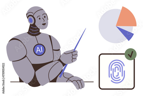 Humanoid AI robot using a pointer to explain data with pie chart and fingerprint recognition, symbolizing innovation, analytics, biometrics, technology, security, education, and automation. Ideal