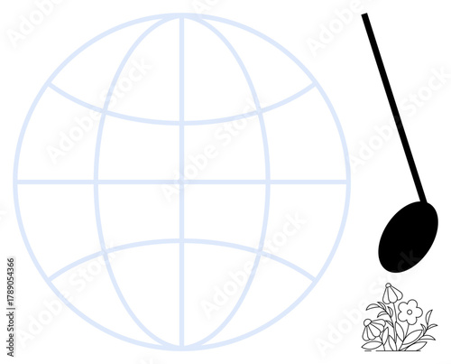 Globe outline next to a spoon above flowers, symbolizing global cuisine, ecological balance, sustainability, and cooperation. Ideal for culinary creativity, cultural exchange metaphors