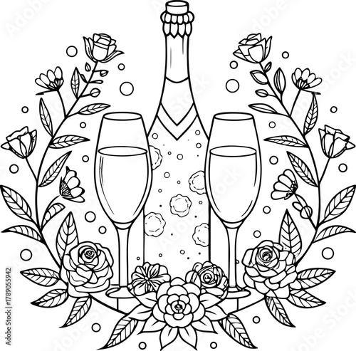 Champagne bottle and glasses surrounded by floral frame coloring book vector  white background