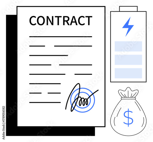 Contract paper with signature, money bag with dollar sign, battery icon with lightning. Ideal for finance, business deal, legal agreement, energy, commitment investment empowerment. Simple flat