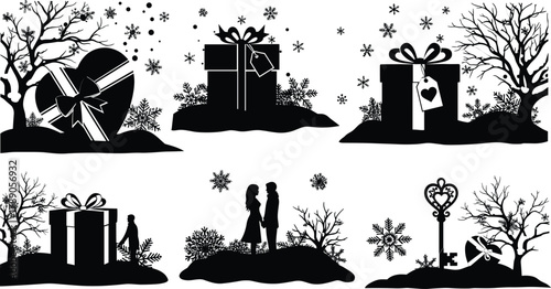 Winter holiday love scene silhouettes with gifts, couple, and snow. isolated on white background, Vector, illustration.