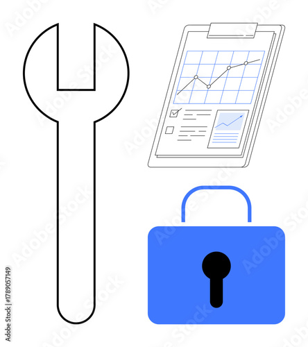 Wrench, report with growth chart, and locked padlock. Ideal for business strategy, analytics, progress, safety, tools security and growth discussions. Simple flat metaphor