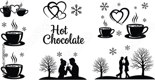 Winter hot chocolate drink icons, loving couples, snowflakes isolated on white background, Vector, illustration
