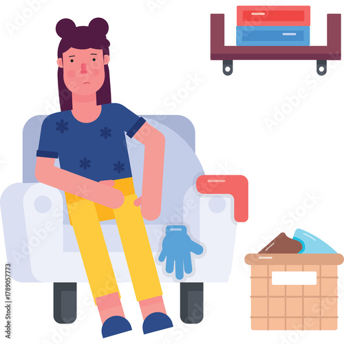 Young Woman Sitting On Armchair With Yellow Pants And Blue Shirt Next To Laundry Basket And Shelf With Drawers On Transparent Background