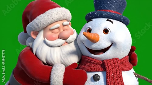 happy santa and snowman friendly embrace