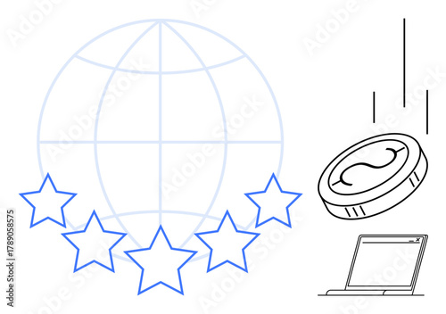 Globe with stars symbolizing worldwide quality, a coin representing finance, and a laptop. Ideal for finance, e-commerce, reward programs, innovation, digital transformation, global trade customer