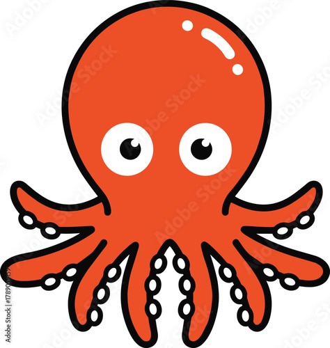 Red cartoon octopus, marine animal illustration, bold outline, expressive eyes, suction cup arms, ocean creature, kids design, playful style, underwater art
